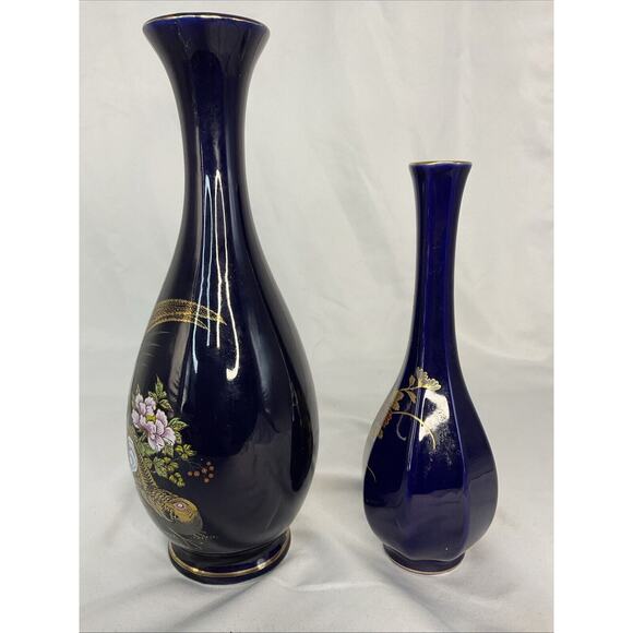 VTG ASIAN DARK BLUE COBALT VASES FLORAL PHEASANT BIRD MOTIFS - Picture 6 of 8